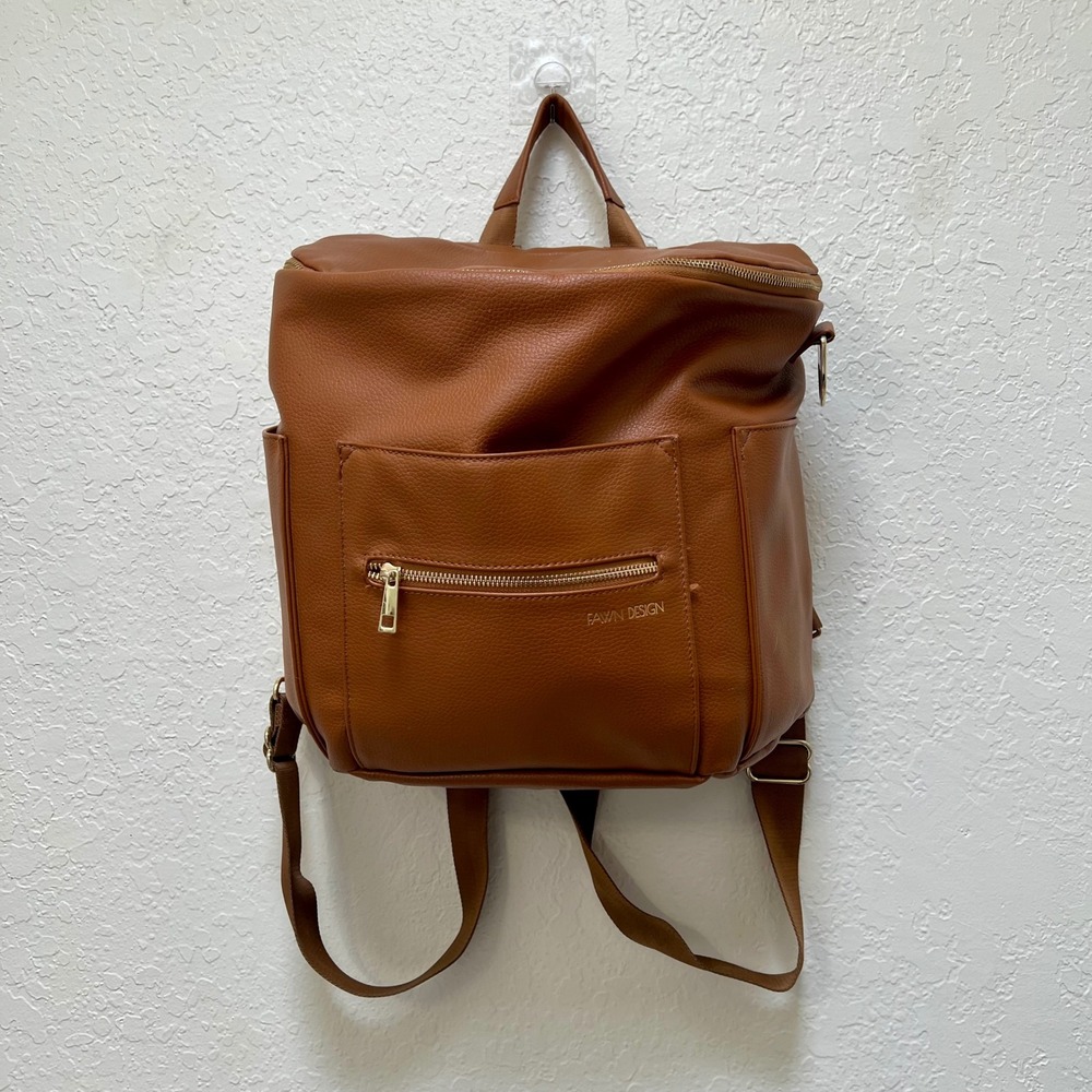 Fawn Design Original Diaper Bag Brown Pebbled Faux Leather Backpack Messenger